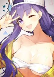 Rule 34 | 1girl, asymmetrical hair, bare shoulders, baseball cap, bb (fate), bb (fate) (all), bb (swimsuit mooncancer) (fate), bb (swimsuit mooncancer) (first ascension) (fate), bikini, bikini top only, blush, braid, breasts, cleavage, collarbone, cropped jacket, fate/grand order, fate (series), hand gesture, hat, hat ornament, highres, hoshino ruru, jacket, large breasts, long hair, looking at viewer, off shoulder, open mouth, purple eyes, purple hair, sideways hat, smile, solo, star (symbol), star hat ornament, swimsuit, v, very long hair, w, white bikini, white hat, yellow jacket