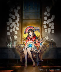 Rule 34 | 1girl, armchair, artist name, blunt bangs, book, boots, brown hair, cat, chair, drawer, dress, dusk, feathers, flask, flower, garter straps, globe, green eyes, hat, hat feather, hat flower, hime cut, holding, holding book, indoors, key, charm (object), kiryuu tsukasa (citrocube), knees together feet apart, long hair, long sleeves, looking at viewer, magic, open book, original, paper, reflection, reflective floor, round-bottom flask, shadow, sitting, smile, solo, star (sky), striped clothes, striped dress, test tube, thigh boots, thighhighs, traveler (citrocube), watermark, web address, white thighhighs, window