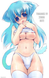 Rule 34 | 1girl, animal ears, areola slip, blue eyes, blue hair, blush, breasts, breasts squeezed together, cat ears, cat tail, clothes lift, curvy, embarrassed, head tilt, inu777, large breasts, lips, long hair, matching hair/eyes, milestone celebration, navel, no nose, oouchi takadou, open mouth, original, panties, shirt lift, simple background, solo, standing, tail, thighhighs, underboob, underwear, underwear only, white panties, white thighhighs