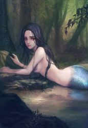 Rule 34 | 1girl, arm support, bad id, bad pixiv id, black hair, forest, grey eyes, highres, lips, long hair, mamara, mermaid, monster girl, nature, reflection, scales, solo, tree, water