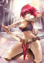 Rule 34 | 1girl, armor, backlighting, breasts, brown eyes, cleavage, covered mouth, day, fingernails, full body, hair between eyes, highres, holding, holding sword, holding weapon, indoors, original, pauldrons, pelvic curtain, rain yoo, red hair, sharp fingernails, short hair, shoulder armor, solo, sword, weapon, zzoggomini
