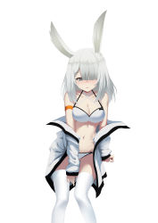 Rule 34 | 1girl, absurdres, animal ears, arknights, bare shoulders, bikini, chinese commentary, commentary request, feet out of frame, female focus, frostnova (arknights), grey eyes, groin, hair over one eye, highres, huizhiyin, jacket, long hair, looking at viewer, navel, off shoulder, open clothes, open jacket, rabbit ears, scar, scar on face, scar on nose, silver hair, simple background, solo, stomach, swimsuit, thighhighs, thighs, white background, white bikini, white jacket, white thighhighs, wristband