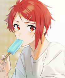 Rule 34 | 1boy, eating, food, hair ornament, hairclip, highres, holding, holding food, hot, idolish7, looking at viewer, male focus, nanase riku, popsicle, red eyes, red hair, shirt, short hair, short sleeves, solo, sweat, t-shirt, unapoppo, upper body, white shirt
