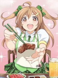 Rule 34 | 1girl, ahoge, apron, bow, brown eyes, brown hair, chair, chopsticks, drink, feeding, food, glass, green bow, green necktie, green skirt, green vest, hair bow, hair ornament, hairclip, highres, holding, holding chopsticks, incoming food, inoue sora, long hair, looking at viewer, meat, midori-chan (myslot), miniskirt, myslot, necktie, open mouth, pink background, plaid, plaid skirt, pleated skirt, pov, puffy short sleeves, puffy sleeves, short sleeves, skirt, smile, solo, sparkle, sparkling eyes, table, two side up, vest