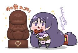 Rule 34 | 1girl, 3d, absurdly long hair, chibi, chocolate, chocolate on face, chocolate statue, commentary request, fate/grand order, fate (series), food, food on face, highres, long hair, low-tied long hair, minamoto no raikou (fate), neck ribbon, open mouth, parted bangs, pelvic curtain, purple eyes, purple hair, rei (rei rr), ribbon, smile, solo, sparkle, statue, translation request, very long hair