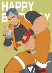 Rule 34 | 1boy, abs, bandaid, bandaid on face, bandaid on nose, bara, belt, boots, collared jacket, cube, cup, drink, fingerless gloves, gloves, green background, green eyes, grey hair, gyee, happy birthday, highres, holding, holding cup, jack (gyee), jacket, looking at viewer, male focus, manly, mature male, mizuki gai, muscular, muscular male, nipples, open clothes, open jacket, pants, pectorals, simple background, smirk, solo, spiked hair, teeth, thick arms, thick eyebrows, thick thighs, thighs, tight clothes, undercut, underpec, unzipped