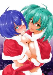 Rule 34 | &gt;:), 2girls, ahoge, aqua eyes, aqua hair, blue hair, blush, breast press, breasts, capelet, cleavage, clenched teeth, couple, earrings, elbow gloves, eyepatch, from side, fur trim, gloves, green eyes, haiboku, hug, ikkitousen, jewelry, large breasts, looking at viewer, looking to the side, magatama, miniskirt, mole, mole under mouth, multiple girls, no bra, nose blush, one eye covered, parted lips, red gloves, red skirt, ryofu housen, ryomou shimei, santa costume, short hair, skirt, smile, symmetrical docking, teeth, twintails, upper body, v-shaped eyebrows, yuri