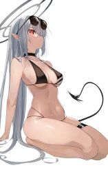 Rule 34 | 1girl, black choker, blue archive, breasts, choker, closed mouth, collarbone, commentary request, eyewear on head, grey hair, hair over one eye, halo, highres, iori (blue archive), iori (swimsuit) (blue archive), long hair, looking at viewer, medium breasts, multi-strapped bikini bottom, navel, official alternate costume, pisuta (yamashiro), pointy ears, red eyes, simple background, sitting, solo, sunglasses, swimsuit, tail, thigh strap, very long hair, wariza, wet, white background