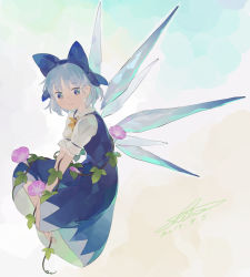 Rule 34 | 1girl, blue dress, blue eyes, blue hair, cirno, dated, dress, flower, from side, hair ribbon, highres, ice, ice wings, ipomoea, looking at viewer, morning glory, ribbon, shihou (g-o-s), short hair, signature, smile, solo, sunflower, tanned cirno, touhou, wings