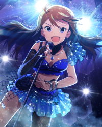 Rule 34 | 10s, 1girl, ahoge, brown hair, earrings, elbow gloves, fingerless gloves, fishnet pantyhose, fishnets, gloves, idolmaster, idolmaster million live!, jewelry, long hair, looking at viewer, microphone, microphone stand, musical note, necklace, official art, pantyhose, single elbow glove, skirt, stage lights, tokoro megumi