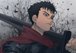 Rule 34 | 1boy, armor, bandaged hand, bandages, bare tree, berserk, black butterfly, black hair, brown eyes, bug, butterfly, cape, from side, greatsword, grey sky, guts (berserk), highres, holding, holding sword, holding weapon, insect, looking ahead, male focus, misayaandherod, outdoors, over shoulder, pauldrons, portrait, red cape, scar, scar on face, scar on nose, short hair, shoulder armor, sky, solo, sword, tree, weapon, weapon over shoulder