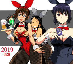 Rule 34 | 2019, 3girls, alcohol, animal ears, armpits, bare shoulders, beer, black hair, black vest, blue hair, blue leotard, blush, bow, bowtie, breasts, brown eyes, brown hair, cleavage, closed eyes, closed mouth, collarbone, commentary request, cup, detached collar, drink, embarrassed, explosive, fake animal ears, fishnet legwear, fishnets, grenade, grey leotard, grin, holding, holding tray, kamisimo 90, large breasts, leotard, long hair, medium breasts, multiple girls, open mouth, original, pantyhose, playboy bunny, purple eyes, rabbit ears, red bow, red leotard, red neckwear, short hair, small breasts, smile, standing, strapless, strapless leotard, thighs, tray, two-tone background, vest, wrist cuffs