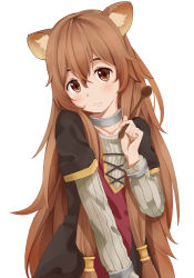 Rule 34 | 1girl, amco, animal ears, bad id, bad pixiv id, brown eyes, brown hair, closed mouth, collar, collarbone, grey sweater, hair between eyes, head tilt, highres, holding, holding spoon, layered sleeves, long hair, long sleeves, raccoon ears, raccoon girl, raphtalia, ribbed sweater, short over long sleeves, short sleeves, simple background, solo, spoon, sweater, tate no yuusha no nariagari, upper body, very long hair, white background, wooden spoon