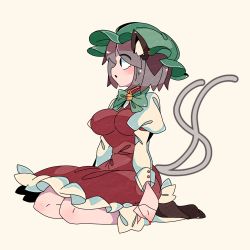 Rule 34 | 1girl, :o, absurdres, animal ears, bell, black eyes, blush, bow, bowtie, breasts, brown hair, brown socks, cat ears, cat tail, chen, commentary, dress, earrings, frilled dress, frills, from side, full body, green bow, green bowtie, green hat, hat, highres, impossible clothes, jewelry, juliet sleeves, large breasts, long sleeves, looking afar, looking ahead, mob cap, multiple tails, neck bell, nekomata, one-hour drawing challenge, profile, puffy sleeves, r.h no.1 fuyumomo, red dress, seiza, short hair, simple background, single earring, sitting, socks, solo, tail, touhou, two tails, white background