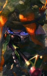 1girl aiming bad_id bad_pixiv_id blue_eyes blurry camouflage chromatic_aberration depth_of_field facial_mark female_focus glint gun helmet highres holding holding_gun holding_weapon inkling inkling_girl inkling_player_character kashu_(hizake) leaf long_hair looking_at_viewer monster_girl nintendo orange_hair pointy_ears rifle scope serious sniper_rifle solo splat_charger_(splatoon) splatoon_(series) splatoon_2 tentacle_hair two-handed weapon