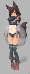 Rule 34 | 1girl, animal ear fluff, animal ears, armband, bikini, black thighhighs, blue bikini, breasts, brown eyes, copyright request, crossed arms, fox ears, fox girl, fox tail, full body, grey background, hair ornament, hairclip, highres, innertube, klem, long sleeves, looking at viewer, medium hair, navel, shadow, shoes, side-tie bikini bottom, signature, small breasts, solo, standing, stomach, swept bangs, swim ring, swimsuit, tail, tan, tanline, thighhighs