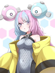 Rule 34 | 1girl, :o, absurdres, bare shoulders, blush, breasts, character hair ornament, commentary request, covered navel, creatures (company), game freak, grey shirt, hair ornament, highres, iono (pokemon), jacket, long hair, looking at viewer, medium breasts, nintendo, off shoulder, open clothes, open jacket, open mouth, pink hair, pokemon, pokemon sv, purple eyes, shabana may, shirt, sleeveless, sleeveless shirt, solo, upper body