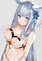 Rule 34 | 1girl, bare arms, bare shoulders, blue eyes, blue flower, blush, breasts, cleavage, closed mouth, collarbone, commentary request, covered erect nipples, dutch angle, efuri (riarea00), erune, flower, granblue fantasy, grey background, hair flower, hair ornament, highres, korwa, large breasts, long hair, navel, revealing clothes, see-through, silver hair, simple background, smile, solo, standing, very long hair