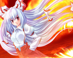 Rule 34 | 1girl, bad id, bad pixiv id, buckle, female focus, fire, fire, floating hair, fujiwara no mokou, hands in pockets, hands on own hips, long sleeves, looking at viewer, maki (seventh heaven maxion), puffy long sleeves, puffy sleeves, red eyes, silver hair, solo, standing, suspenders, touhou, wind