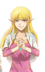 Rule 34 | 1girl, blonde hair, closed mouth, dress, hair ribbon, highres, interlocked fingers, long hair, long sleeves, looking at viewer, nintendo, own hands together, pink dress, pointy ears, princess zelda, psp26958748, ribbon, simple background, smile, solo, the legend of zelda, the legend of zelda: skyward sword, tress ribbon, upper body, white background