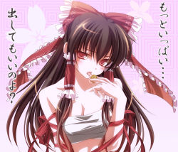 Rule 34 | 1girl, arm ribbon, blush, bow, breasts, brown hair, chest sarashi, cleavage, coin, female focus, flower, hair bow, hair tubes, hakurei reimu, highres, large bow, licking, long hair, looking at viewer, monety, red eyes, ribbon, saliva, sarashi, solo, tongue, tongue out, touhou, translation request, upper body