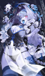 Rule 34 | 1girl, @ @, aano (10bit), absurdres, ahoge, black bra, black nails, black panties, blue skin, blue tongue, blush, bow, bra, breasts, colored skin, colored tongue, cowboy shot, dress, eyepatch, fingernails, flower, hair bun, hair ornament, hairclip, highres, jiangshi, large breasts, long hair, looking at viewer, monster girl, ofuda, open mouth, original, panties, plum blossoms, red eyes, see-through, see-through dress, see-through skirt, sharp fingernails, sharp teeth, skirt, striped clothes, striped thighhighs, stuffed animal, stuffed toy, talisman, teeth, thighhighs, tongue, tongue out, underwear