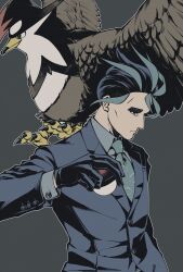 Rule 34 | 1boy, beak, bird, black gloves, black suit, brown feathers, buttons, closed mouth, commentary request, creatures (company), feathered wings, feathers, formal, game freak, gen 4 pokemon, gloves, green necktie, grey background, highres, holding, holding poke ball, larry (pokemon), male focus, necktie, nintendo, poke ball, poke ball (basic), pokemon, pokemon (creature), pokemon sv, s039 chai, simple background, staraptor, suit, talons, thick eyebrows, wings