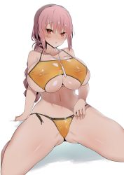 Rule 34 | 1girl, bikini, blush, braid, braided ponytail, breasts, bursting breasts, chaldea lifesavers, cleavage, covered erect nipples, curvy, fate/grand order, fate (series), florence nightingale (chaldea lifesavers) (fate), florence nightingale (fate), folded ponytail, furau, highres, huge breasts, long hair, navel, pink hair, cameltoe, red eyes, see-through, side-tie bikini bottom, skindentation, solo, swimsuit, underboob, undersized clothes, whistle, whistle around neck, wide hips, yellow bikini