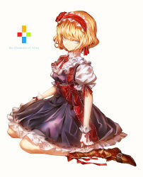 Rule 34 | 1girl, alice margatroid, bad id, bad nicoseiga id, blonde hair, blue eyes, boots, fingerless gloves, full body, gloves, hairband, kozou (soumuden), looking at viewer, ribbon, short hair, sitting, skirt, solo, touhou, wariza, white background