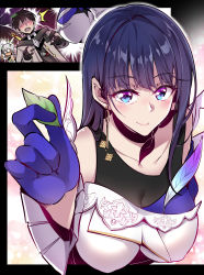 Rule 34 | 1boy, 2girls, absurdres, adam (honkai impact), black hair, blue eyes, breasts, character request, choker, cleavage, commentary, commentary request, earrings, faceless, faceless male, fei luo mao, gloves, highres, honkai (series), honkai impact 3rd, jewelry, leaf, long hair, looking at viewer, multiple girls, raiden mei, raiden mei (apho), short hair, smile, surprised, tank top