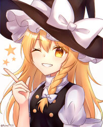 Rule 34 | 1girl, back bow, black hat, black vest, blonde hair, blush, bow, braid, breasts, hair between eyes, hair bow, hat, hat bow, hat ribbon, highres, index finger raised, kirisame marisa, large bow, large hat, large ribbon, long hair, looking at viewer, one eye closed, open mouth, puffy short sleeves, puffy sleeves, ribbon, runa (runa7733), shirt, short sleeves, simple background, single braid, small breasts, solo, star (symbol), teeth, touhou, upper body, vest, white background, white bow, white ribbon, white shirt, witch hat, yellow eyes