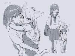 Rule 34 | &gt; &lt;, 2girls, animal ears, arms around neck, bag, carrying, carrying person, cat ears, cat girl, cat tail, cheek-to-cheek, dated, furry, furry female, furry with non-furry, headpat, heads together, height difference, highres, interspecies, looking at viewer, makibtaa, monochrome, multiple girls, open mouth, original, ponytail, sailor collar, scarf, school bag, school uniform, serafuku, short sleeves, sketch, skirt, tail, walking, yuri