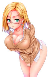 Rule 34 | 1girl, blonde hair, bottomless, breasts, breasts squeezed together, claudia madobe, cleavage, cloud girl, covering privates, covering crotch, dress shirt, earrings, glasses, green eyes, jewelry, large breasts, leaning forward, microsoft, microsoft windows, orange shirt, os-tan, red-framed eyewear, semi-rimless eyewear, shirt, shirt tug, short hair, simple background, solo, sweater, under-rim eyewear, white background, yoshida inuhito