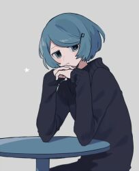 Rule 34 | 1girl, blue eyes, blue hair, blush stickers, elbow rest, frown, grey background, hair ornament, highres, jitome, long sleeves, looking at viewer, maco22, original, own hands together, short hair, solo, star (symbol), sweater, table