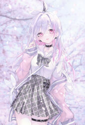 Rule 34 | 1girl, absurdres, black bow, black choker, blurry, blurry background, bow, bow earrings, breasts, cherry blossoms, choker, commentary request, earrings, falling petals, flower, grey skirt, hair intakes, hair ribbon, heart, heart choker, highres, hoju rura, holding, holding flower, indie virtual youtuber, jacket, jewelry, long hair, long sleeves, looking at viewer, mashiro shiki, multicolored hair, open mouth, outdoors, petals, pink eyes, pink hair, pink jacket, plaid, plaid bow, plaid skirt, ribbon, sailor collar, school uniform, serafuku, shirt, skirt, sleeves past wrists, small breasts, solo, standing, streaked hair, thigh strap, twitter username, virtual youtuber, white bag, white flower, white hair, white shirt