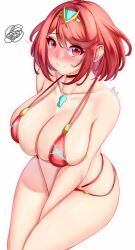 Rule 34 | 1girl, alternate costume, anisdrawn, bare shoulders, bikini, blush, bob cut, breasts, closed mouth, collarbone, commentary, core crystal (xenoblade), embarrassed, eyelashes, hair between eyes, halterneck, highres, invisible chair, large breasts, multi-strapped bikini bottom, pyra (xenoblade), red bikini, red hair, short hair, side-tie bikini bottom, simple background, sitting, solo, sweat, swept bangs, swimsuit, tiara, translation request, white background, xenoblade chronicles (series), xenoblade chronicles 2