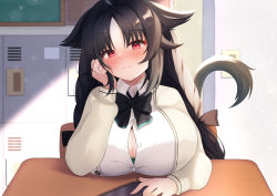 Rule 34 | 1girl, absurdres, animal ears, azur lane, black bow, black bowtie, black hair, blush, bow, bowtie, breast rest, breasts, button gap, cat ears, cat tail, cleavage, closed mouth, collared shirt, desk, elegant (sumisumi4268), head rest, head tilt, highres, huge breasts, indoors, light smile, locker, long hair, long sleeves, looking at viewer, ooshio (azur lane), ooshio (let&#039;s &#039;ave lunch) (azur lane), red eyes, school desk, shirt, solo, tail, upper body, white shirt, wing collar