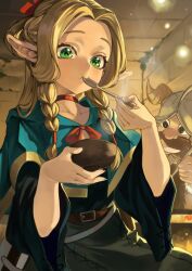 1boy 1girl absurdres alicetarrandalf beard belt blonde_hair blue_capelet bowl braid capelet choker dungeon_meshi dwarf eating elf facial_hair fake_horns green_eyes helmet highres holding holding_bowl holding_spoon horned_helmet horns long_hair marcille_donato pointy_ears senshi_(dungeon_meshi) side_braids spoon