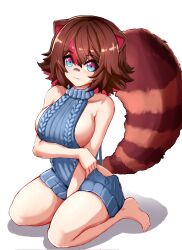Rule 34 | 1girl, animal ears, arm at side, arm under breasts, bare arms, bare legs, bare shoulders, barefoot, blue eyes, breasts, brown hair, closed mouth, facial mark, female focus, from side, full body, grabbing own arm, grey sweater, heterochromia, highres, large breasts, looking at viewer, looking to the side, medium hair, meme attire, multicolored hair, owozu, raccoon ears, raccoon girl, raccoon tail, rakkun sutaru, red eyes, red hair, seiza, shadow, simple background, sitting, slash-ex, sleeveless, sleeveless sweater, smile, solo, straight-on, sweater, tail, thick thighs, thighs, two-tone hair, virgin killer sweater, virtual youtuber, white background