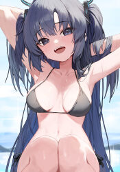 Rule 34 | 1girl, absurdres, armpits, arms behind head, bikini, black bikini, blue archive, blush, breasts, breasts apart, feet out of frame, gnns, halo, hands in hair, highres, long hair, looking at viewer, medium breasts, navel, purple eyes, purple hair, side-tie bikini bottom, smile, solo, stomach, swimsuit, two side up, very long hair, water drop, yuuka (blue archive)