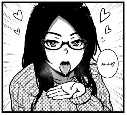 Rule 34 | 1girl, akairiot, bad id, bad tumblr id, black border, blush, border, cupping hand, emphasis lines, english text, glasses, greyscale, heart, heart-shaped pupils, long hair, looking at viewer, monochrome, open mouth, oral invitation, original, ribbed sweater, saliva, semi-rimless eyewear, sexually suggestive, solo, sweater, symbol-shaped pupils, tongue, tongue out, under-rim eyewear