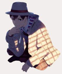 Rule 34 | 10s, 1boy, beige jacket, blue eyes, blue necktie, brown hair, closed mouth, coat, collared shirt, fedora, full body, hat, long sleeves, looking at viewer, male focus, moritsuka shun, necktie, occultic;nine, shirt, simple background, smile, sousou (sousouworks), squatting, trench coat, white background, white shirt, wing collar