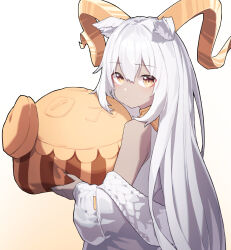 Rule 34 | 1girl, absurdres, animal ears, arknights, bare shoulders, beeswax (arknights), beeswax (weisser sand) (arknights), beudelb, brown eyes, closed mouth, dark-skinned female, dark skin, from behind, goat ears, goat girl, goat horns, highres, holding, holding pillow, horns, jacket, long hair, long sleeves, looking at viewer, looking back, off shoulder, official alternate costume, open clothes, open jacket, pillow, simple background, solo, upper body, very long hair, white hair, white jacket, yellow background