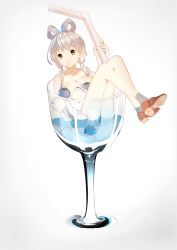 Rule 34 | 1girl, absurdres, bendy straw, breasts, brown eyes, cleavage, cocktail, cocktail glass, cup, drinking glass, drinking straw, full body, grey hair, hair ribbon, hair rings, high heels, highres, ice, ice cube, in container, in cup, knees up, looking away, looking to the side, luo tianyi, mini person, minigirl, mouth hold, nude, olive, oversized object, ribbon, shoes, simple background, sitting, socks, solo, tadatsu, tress ribbon, vocaloid, wet, white background, wine glass