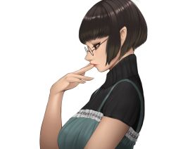 Rule 34 | 1girl, black hair, finger to mouth, from side, glasses, graphite (medium), highres, milk-doll, original, pointy ears, red lips, short hair, solo, traditional media, upper body, white background