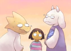 Rule 34 | 2girls, alphys, androgynous, animal ears, arms behind back, bespectacled, boke-chan, colored skin, frisk (undertale), furry, glasses, goat ears, gradient background, horns, lab coat, multiple girls, shirt, striped clothes, striped shirt, toriel, undertale, upper body, yellow skin