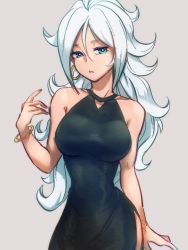 Rule 34 | 1girl, alternate eye color, android 21, bangle, black dress, blue eyes, bracelet, breasts, curly hair, dragon ball, dragon ball fighterz, dress, earrings, halter dress, halterneck, hoop earrings, jewelry, kemachiku, large breasts, light persona, long hair, looking at viewer, narrow waist, no eyewear, side slit, silver hair, sleeveless, sleeveless dress, solo