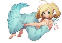 Rule 34 | 10s, 1girl, :o, ahoge, barefoot, blue dress, dress, flower, from side, full body, gown, green eyes, hair ornament, hand on own shoulder, idolmaster, idolmaster cinderella girls, knees up, light brown hair, long hair, looking away, looking to the side, norasame (dagako), outstretched arm, parted lips, sato shin, scrunchie, see-through silhouette, sidelocks, sleeveless, sleeveless dress, solo, swept bangs, transparent background, twintails, white background