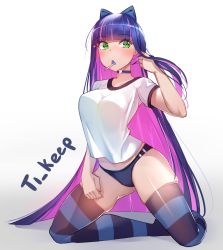 Rule 34 | 1girl, absurdres, adjusting hair, alternate costume, artist name, blue hair, blunt bangs, blush, bow, breasts, buruma, candy, choker, collarbone, colored inner hair, diffraction spikes, flipped hair, food, food in mouth, gradient background, green eyes, gym uniform, hair bow, highres, kneeling, large breasts, lollipop, long hair, looking to the side, midriff peek, multicolored hair, panty &amp; stocking with garterbelt, shirt, shirt overhang, short sleeves, simple background, skindentation, solo, stocking (psg), striped clothes, striped thighhighs, thick thighs, thighhighs, thighs, ti keep, two-tone hair, very long hair, white shirt