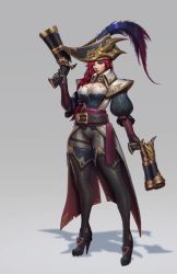 Rule 34 | 1girl, belt, blue eyes, boots, braid, breasts, captain fortune, dual wielding, gloves, grey background, gun, hair over shoulder, handgun, hat, high heel boots, high heels, highres, holding, large breasts, league of legends, legs, miss fortune (league of legends), pirate hat, pistol, red hair, simple background, single braid, solo, thigh boots, thighhighs, weapon, zeronis